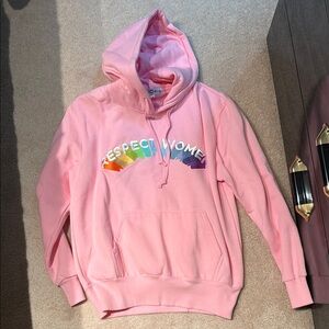 Pink RESPECT WOMEN LGBTQ Hoodie with Rainbow Text S